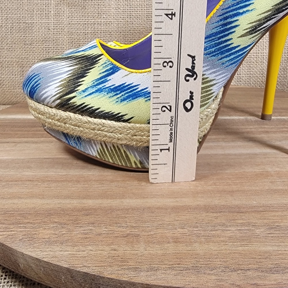 Qupid Platform Heels Blue Yellow White Print Espadrille Pumps Women's‎ Size 9 - Picture 6 of 12